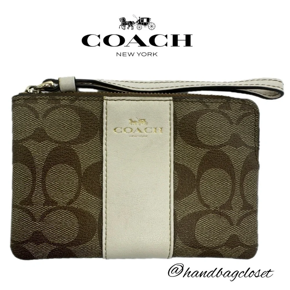 Coach Corner Zip Wristlet In Signature Canvas Color: Gold/KHAKI/CHALK